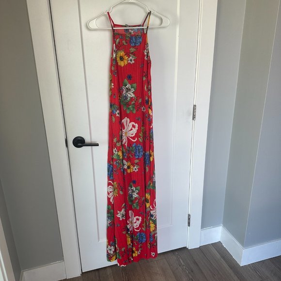 ASOS Red Maxi Floral Dress High Neck Halter Tropical Hawaiian - Picture 2 of 5